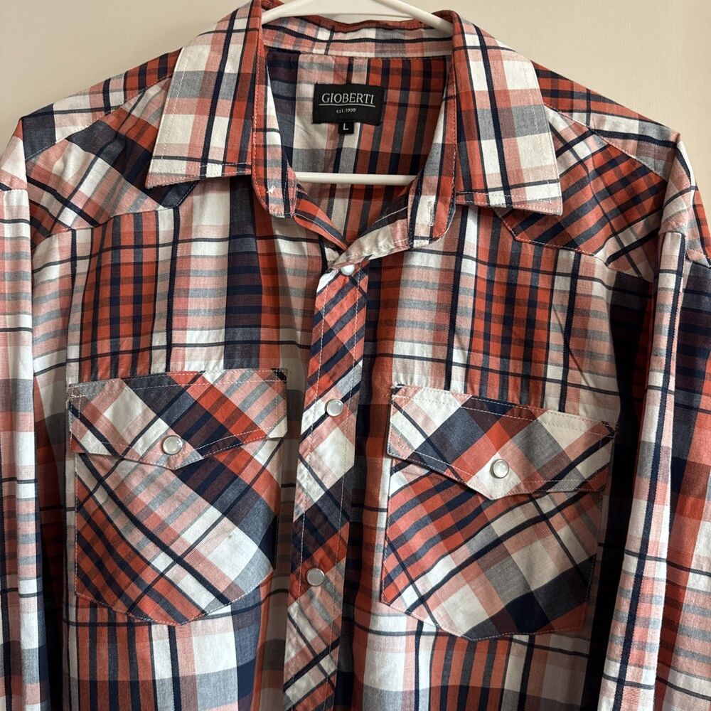 Gioberti Men's Pearl Snap Plaid Western Shirt Red & Blue White Long Sleeve Sz LG
